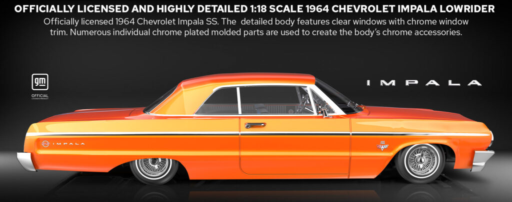Officially licensed and highly details 1:18 scale 1964 chevrolet impala SS lowrider. The detailed body features clear windows with chrome window trim. Numerous individual chrome plated molded parts are used to create the body's chrome accessories.