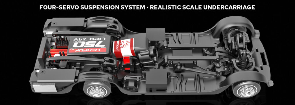 Four-servo suspension system. Realistic scale undercarriage.