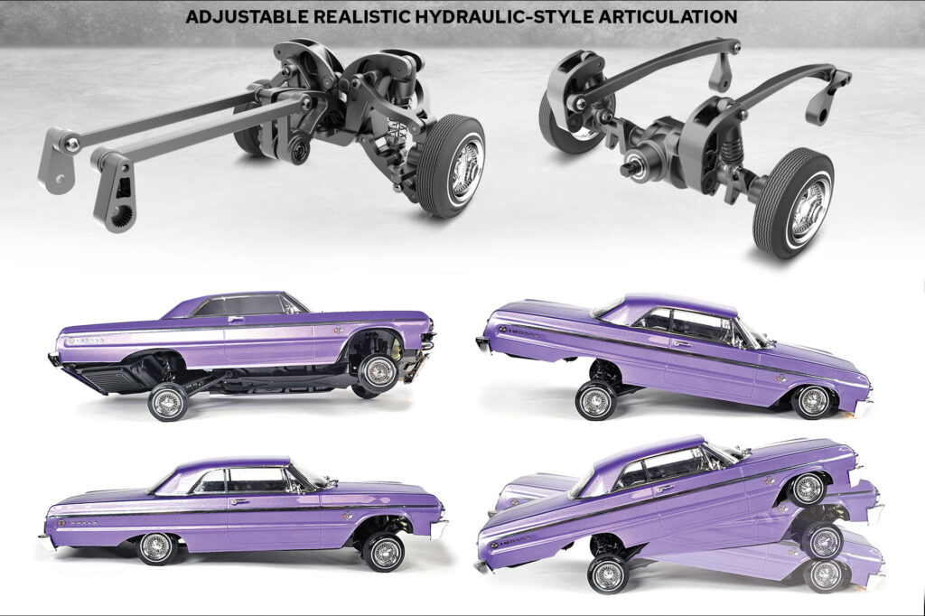 Adjustable realistic hydraulic-style articulation.