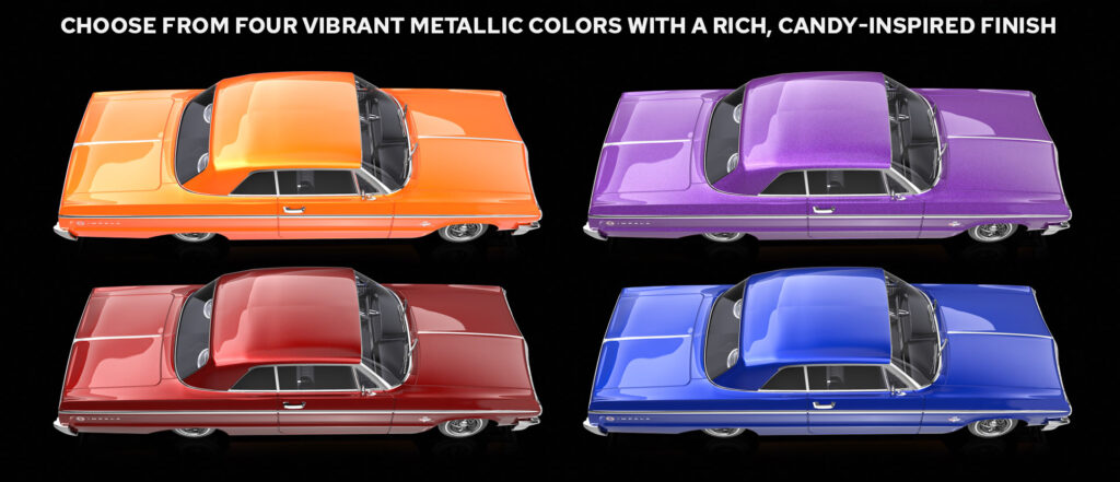 Choose from four vibrant metallic colors with a rich, candy-inspired finish.